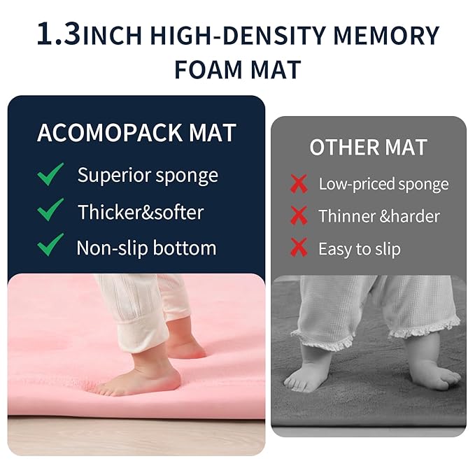 ACOMOPACK Baby Play Mat for Floor 1.3" Thick Memory Foam Play Mats 71"×79" Tummy Time Crawling with Non-Slip Bottom for Living Room,Nursery,Soft Velvet Playpen for Kids,Infants（Pink）