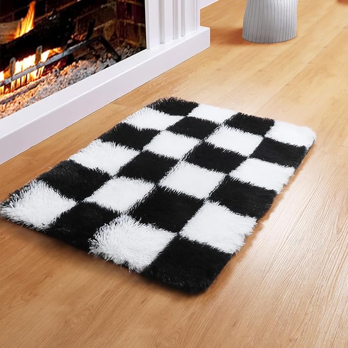 KICMOR Small Rug for Bedroom, 2x3 Fluffy Soft Black and White Checkered Rug Fuzzy Shaggy Bedside Carpet, Indoor Furry Plush Small Throw Rug for Living Room Nursery Kids Girls Boys Room Home Decor