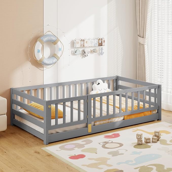 KOMFOTT Twin Size Wood Floor Bed with Door & 21.5” Fence, Montessori Bed Frame with Full Length Safety Guardrails, Door & Latch, Wooden Montessori Floor Bed for Kids, Girls, Boys