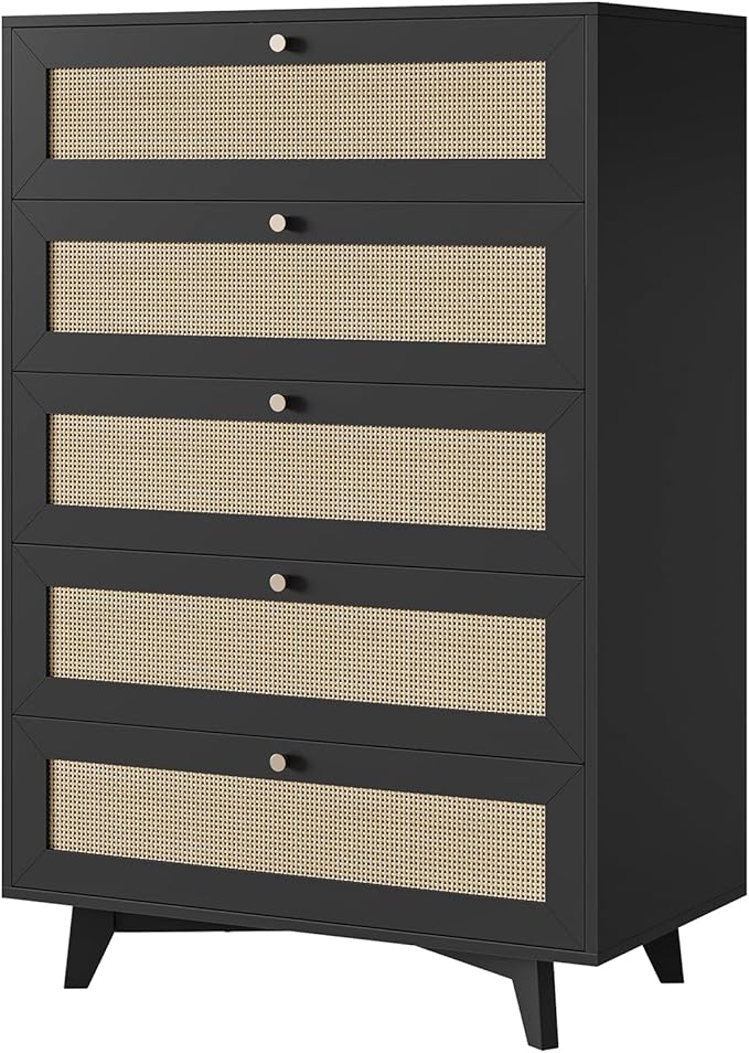 AOGLLATI Black Rattan Dresser for Bedroom with 5 Drawer, Modern Double Wooden Tall Bedroom Dresser, Chest of Drawers with Metal Handle & Solid Wood Legs for Bedroom/Living Room, Black