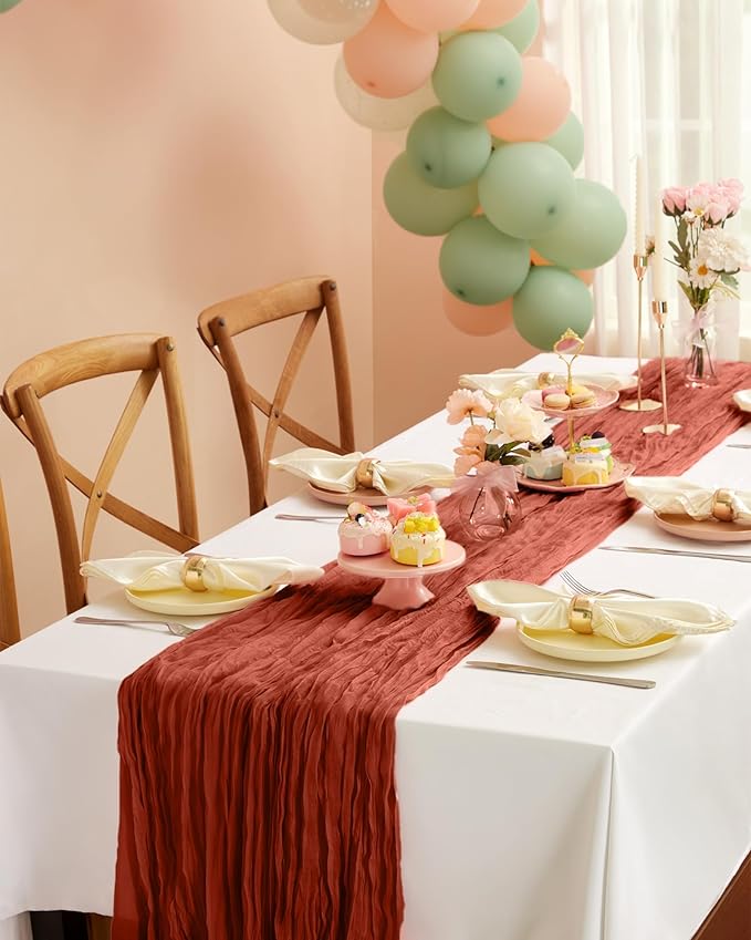 Pureegg 2-Pack Fall Thanksgiving Table Runner, 120'' Boho Table Cloth Decorations for Party, Baby Shower, Wedding and Farmhouse, Fabric Room Decor, Rust, Terracotta