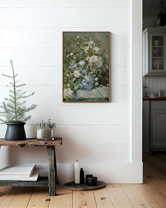 ARPEOTCY Floral Framed Canvas Print Wall Decor, Vintage French Flower Large Wall Art Home Decor, Ceramic Vase Floral Oil Painting for Living Room, Office Decoration, 20x30 inch