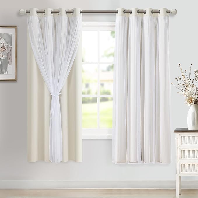 DWCN Blackout and Sheer Curtains with Tiebacks Layered Curtains for Living Room Grommet Top Window Curtain Panels with Sheer Overlay, 52 W by 63 L, Ivory, 2 Pieces
