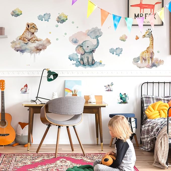 Runtoo Safari Animals Wall Decals Watercolor Giraffe Lion Elephant Wall Stickers Kids Bedroom Baby Nursery Wall Decor
