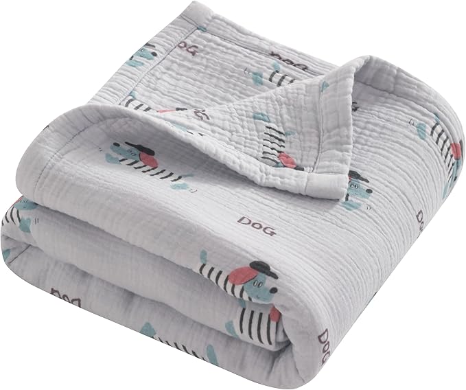 NTBAY 4 Layer Muslin Cotton Blanket, 30x40 Soft and Breathable Receiving for Newborns and Infants, Perfect for Crib, Stroller, Travel, Lightweight Nursery Blanket, Striped Dog