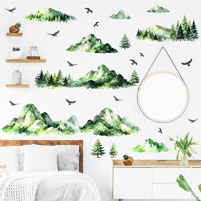 Mountain Tree Wall Stickers Watercolor Mountain Wall Decals Peel and Stick Flying Birds Woodland Green Pine Trees Wall Stickers Forest Mountains Decals for Bedroom Living Room Nursery Decor