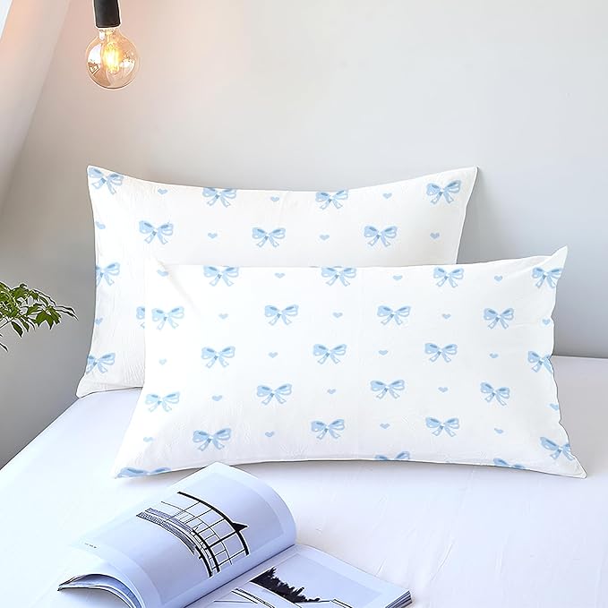 Bow Duvet Cover Queen Size Blue Striped On White Bedding Set 3 Pieces Cute Heart Printed Stripe Reversible Princess Style Soft Breathable Microfiber Duvet Cover Set with Zipper Closure