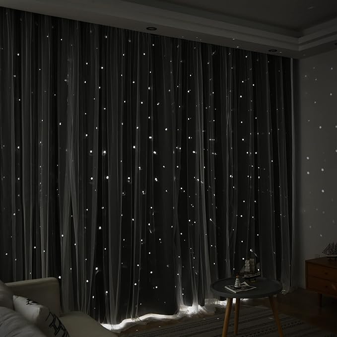 Kinryb Kids Blackout Curtains for Bedroom/Living Room/Classroom, Sheer Overlay Extra Long 2 Panel Set, Double Layer Curtains with Star Cutout for Kids Room(W 52 x L 108 Inches,Grey 2 Pcs)