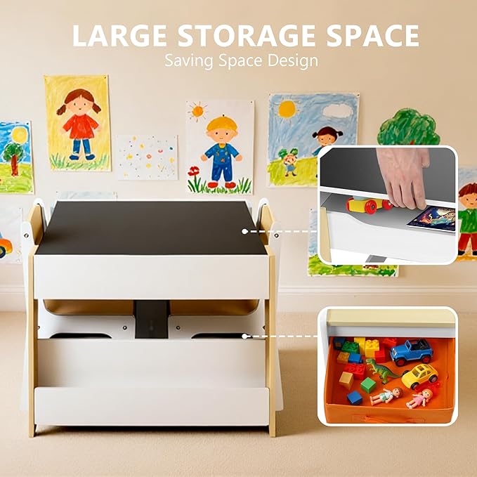 Kinder King Kids Wood Table & 2 Chairs Set, 4 in 1 Children Activity Table w/Double Bookcase, Blackboard, Toddler Furniture Set for Art, Crafts, Drawing, Reading, Playroom, Natural