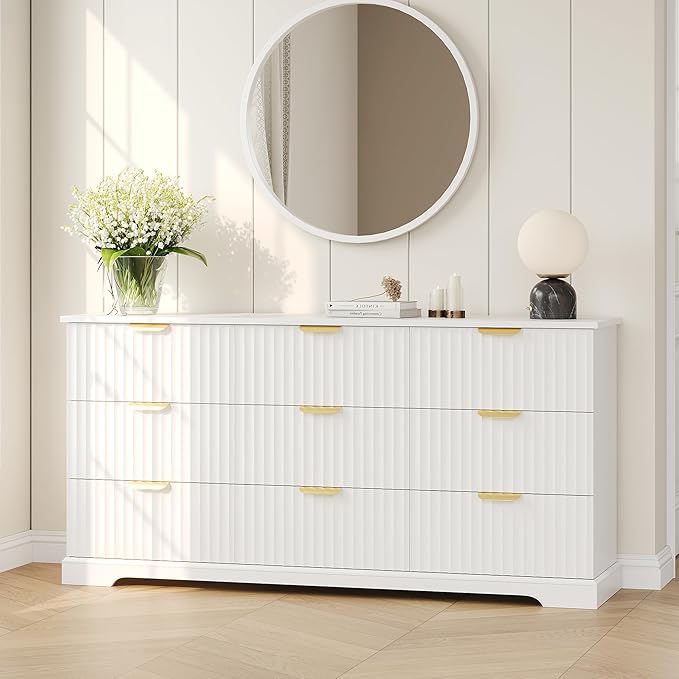Fluted Dresser with 9 Drawers for Bedroom, 63" Wide Dresser with Metal Handle, Wooden Chest of Drawers for Bedroom, Living Room, Entryway, White