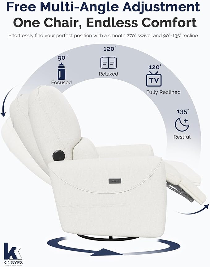 KINGYES Nursery Rocking Chair, Glider Rocking Chair for Nursery, 270° Swivel Glider, Bluetooth Speaker & USB-C Port, Fabric Nursery Recliner Sofa, Cream