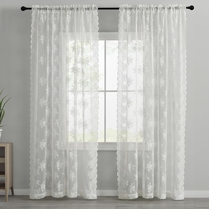 Kotile Ivory Lace Curtains 92 Inch Length, W52 x L92 Inch, 2 Panels, Country Rustic Floral Sheer Lace Curtains for Bedroom, Rod Pocket Light Filtering Privacy Cottagecore Vintage Window Sheer Curtain