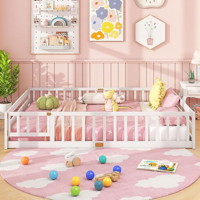 Giantex Queen Floor Bed with Door & Fence, Kids Wood Montessori Beds with Safety Guardrails, Floor Bed Twin for Kids, Boys, Girls, No Box Spring Needed, White