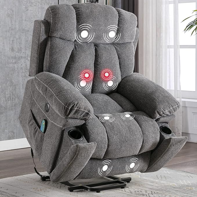 CANMOV Large Power Lift Recliner Chairs with Massage and Heat for Elderly Big People, Heavy Duty Motion Reclining Mechanism-Anti Skid Fabric Recliner Chair with 2 Concealed Cup Holders,Dark Gray