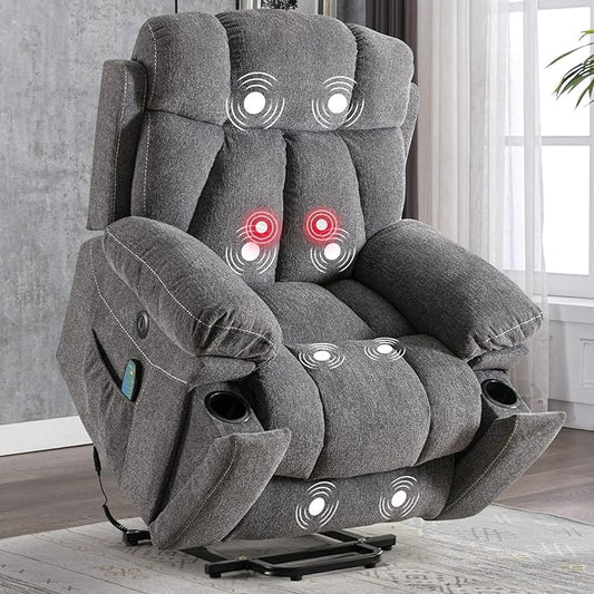 CANMOV Large Power Lift Recliner Chairs with Massage and Heat for Elderly Big People, Heavy Duty Motion Reclining Mechanism-Anti Skid Fabric Recliner Chair with 2 Concealed Cup Holders,Dark Gray