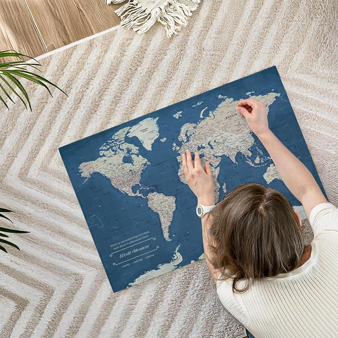 ElephantStock - World Adventures Push Pin Travel Map I Wall Art - Horizontal Canvas Wall Art - Living Room Wall Decor - Printmaking Map Canvas Art - Blue And Beige Decor - 30" x 20"