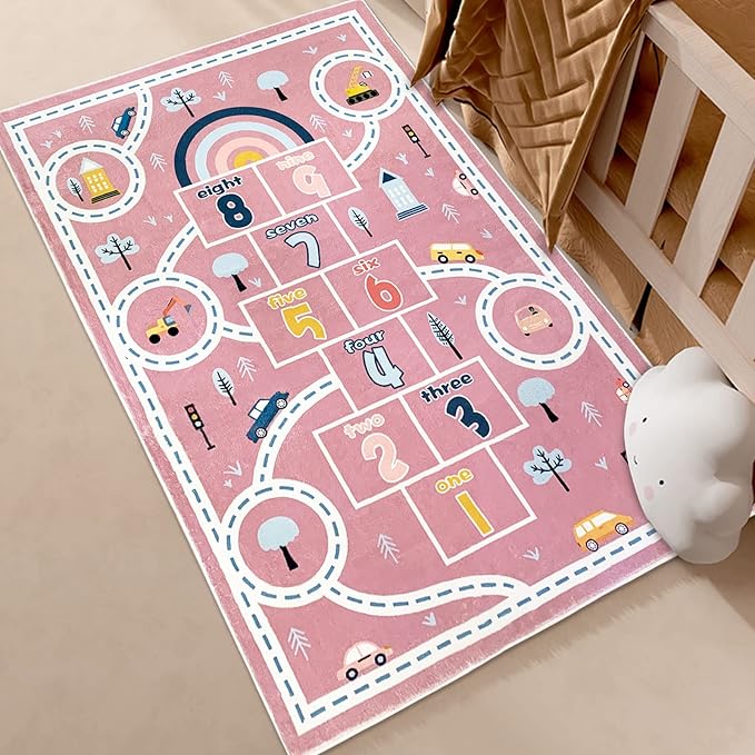 Kids Rug Carpet Hopscotch Play Mat 3x5Ft Pink Car Road Area Rug for Kids Girls Boys Bedroom Playroom Nursery, Nonslip Numbers Educational Children Throw Rug, Indoor Decor, Pink