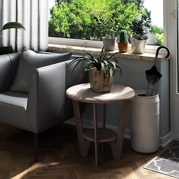 Set of 2 Rustic Farmhouse end Table with Storage Shelf, French Country Accent Side Table for Family, Dinning or Living Room, Small Spaces, Modern, Round, Vintage Grey Finish
