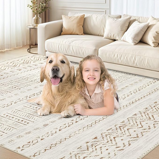 Area Rugs for Living Room Washable Living Room Rug Soft Neutral Indoor Floor Carpet Non-Slip Stain Resistant Modern Boho Rugs for Bedroom Dining Room Kids Room Nursery Office Home Brown/Cream