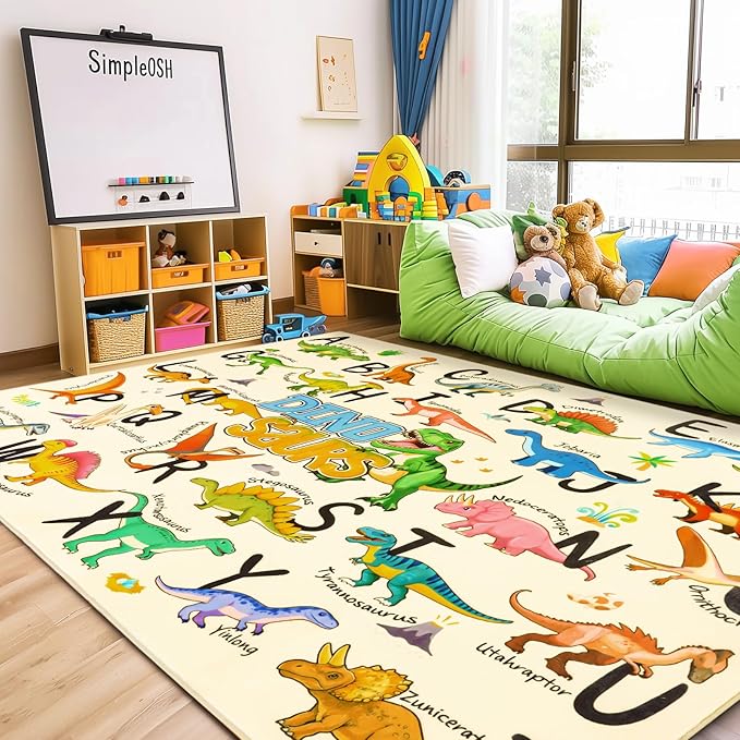 Kids Rugs for Playroom, 8x10 Feet Educational Rug for Learn The ABC Alphabet, Soft Machine Washable Non-Slip Cute Dinosaur Carpet for Classroom Toddler Nursery Kids Room Decor Mat, Beige