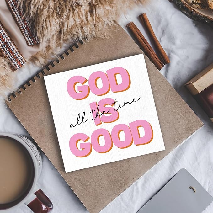 Christian Wood Box Sign - Inspirational Quotes Desk Shelf Decor, Bible Verse Decor, God is Good All the Time Pink Christian Wooden Block Plaque Box Sign for Teen Girl Room Dorm Decorations