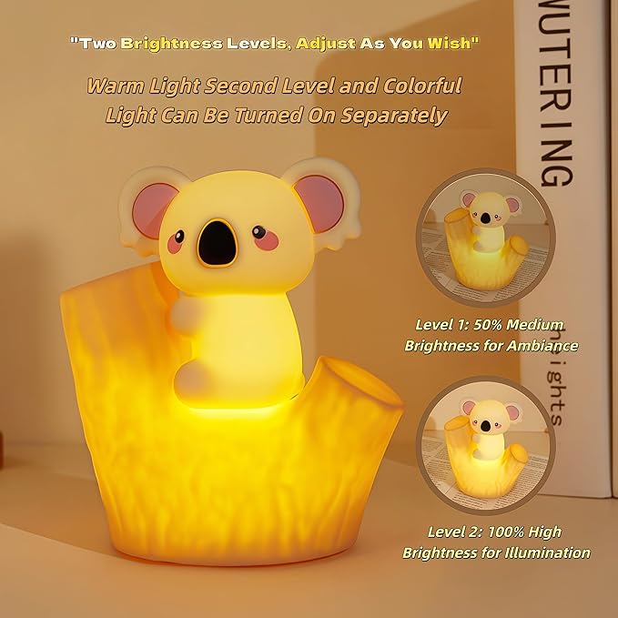 Koala Tap Night Light USB Rechargeable Dimmable Timer RGB Color Changing Silicone Cute Cartoon LED Touch Lamp for Kids Bedroom Nursery Baby Toddler