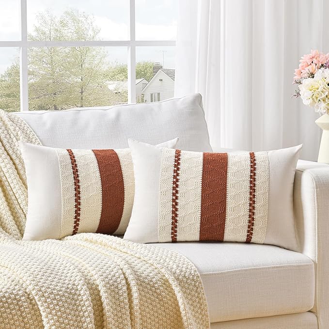 Fancy Homi Set of 2 Rust Boho Long Lumbar Decorative Throw Pillow Cover 12x24 Inch for Couch Bed Sofa, Aesthetic Modern Organic Fall Room Decor, Soft Cotton Cute Terracotta Farmhouse Cushion Case