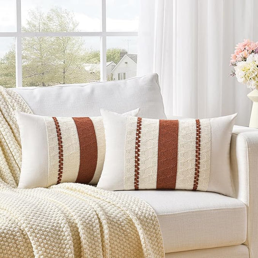 Fancy Homi Set of 2 Rust Boho Lumbar Decorative Throw Pillow Cover 12x20 Inch for Couch Bed Sofa, Aesthetic Modern Organic Fall Room Decor, Soft Cotton Cute Terracotta Farmhouse Cushion Case