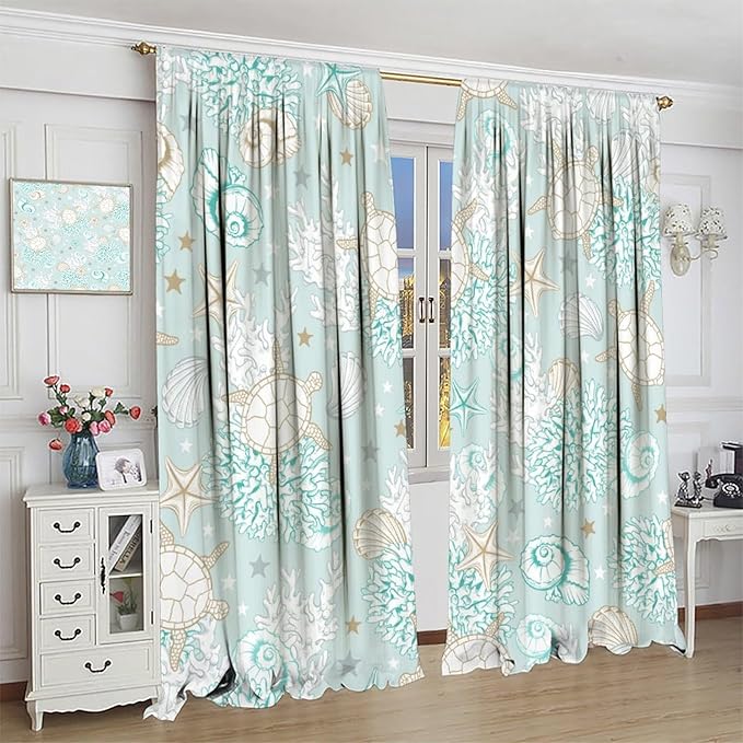 Nautical Curtains,Seagorses Coral Starfish Reef Seashell Beach Sea Seashell Pattern Blackout Print Home Bedroom Living Room Window Treatmen 2 Panel Set 42x45 Inch