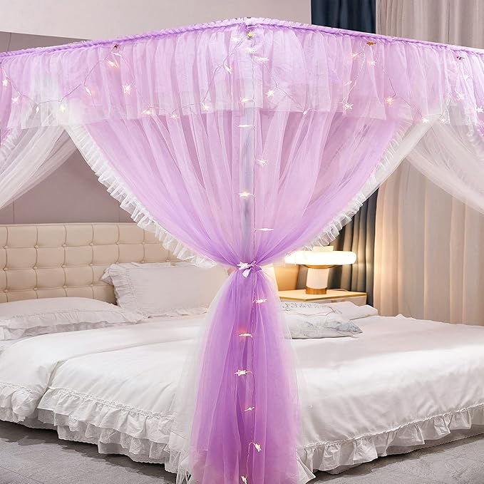 VETHIN 4 Corners Post Ruffle Princess Bed Canopy Curtain-Double Layer Cozy Drape Netting 4 Opening Mosquito Net for Girls Adults Bedroom Decoration (Double-Purple, 64" W*82" L*82"*H/(Queen))