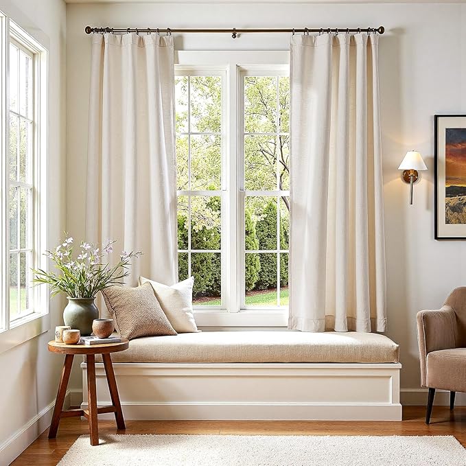 jinchan Beige Linen Blend Curtains 72 Inches Length 2 Panels for Bedroom Living Room, Light Filtering 50 Inches Wide Natural Farmhouse Drapes with Rod Pocket Back Tab (50W x 72L, Ecru)