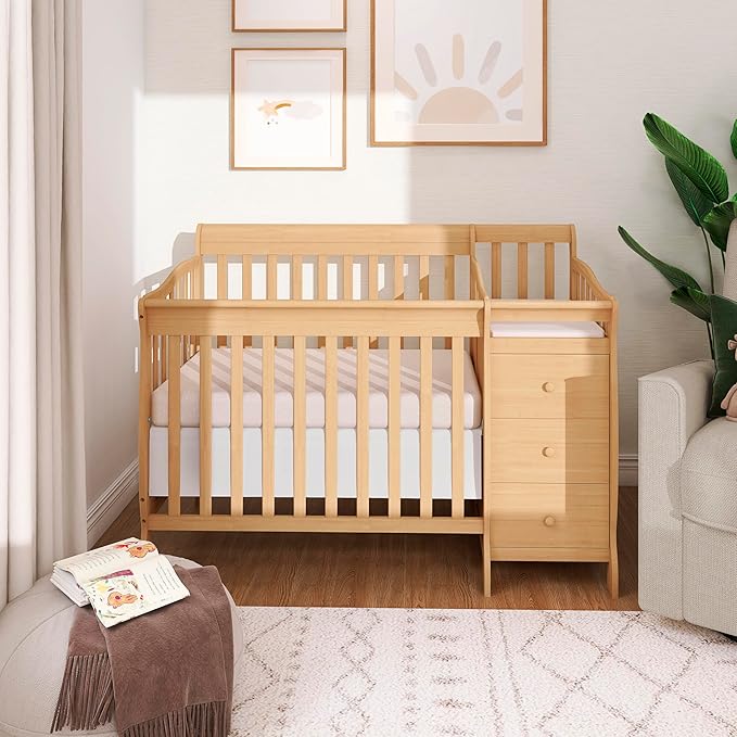 Dream On Me Jayden 4-in-1 Mini Convertible Crib And Changer in Natural, Greenguard Gold Certified, Non-Toxic Finish, New Zealand Pinewood, 1" Mattress Pad