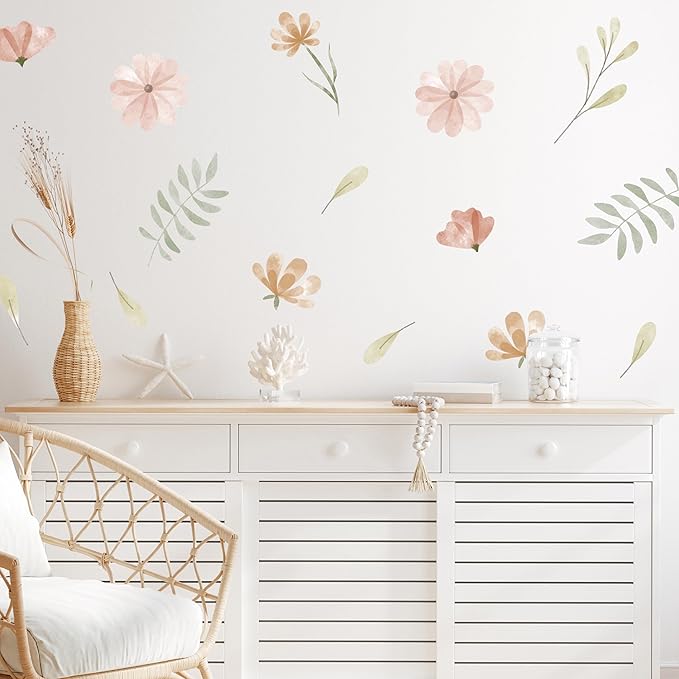 Watercolor Flower Wall Decals - Set of 16 Vinyl Flower Room Decor Peel and Stick Removable Floral Stickers for Nursery Bedroom Bathroom