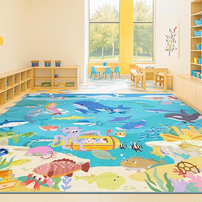 Large Blue Ocean Rug for Classroom – Washable 9x12 Kids Rug with Mermaid & Fish, Foldable, Lightweight Non Slip Fun Learning Soft Carpet for Classroom Elementory or Playroom