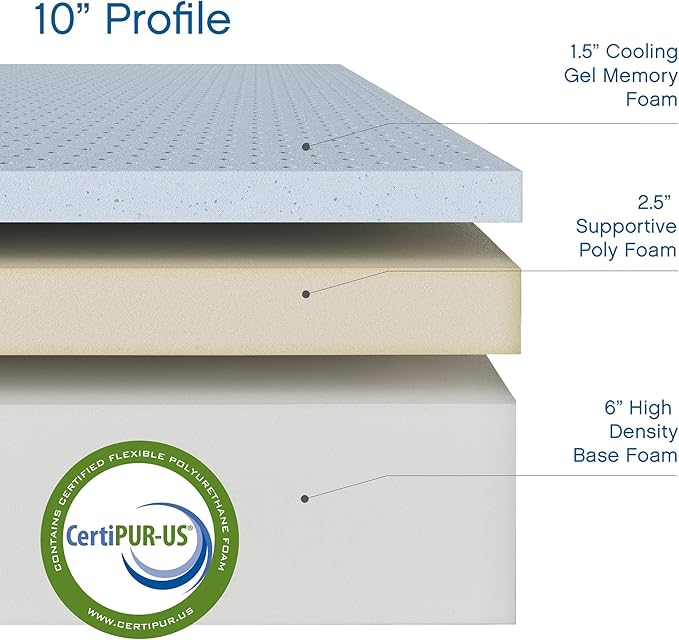 COOL GEL 10 Inch King Mattress Memory Foam Medium Firm, King Size Memory Foam Mattress Cooling, Made in The USA, 10" Depth with Pressure Relief, CertiPUR-US Certified No Fiberglass, CoolGel Bed
