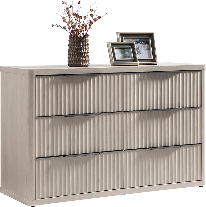 SICOTAS Dresser for Bedroom 53.5" Wide 6 Drawer Dressers & Chests of Drawers for Closet Long Large Modern TV Stand Set for Clothes Storage Fluted Clothes Closet for Hallway Entryway, White Alder