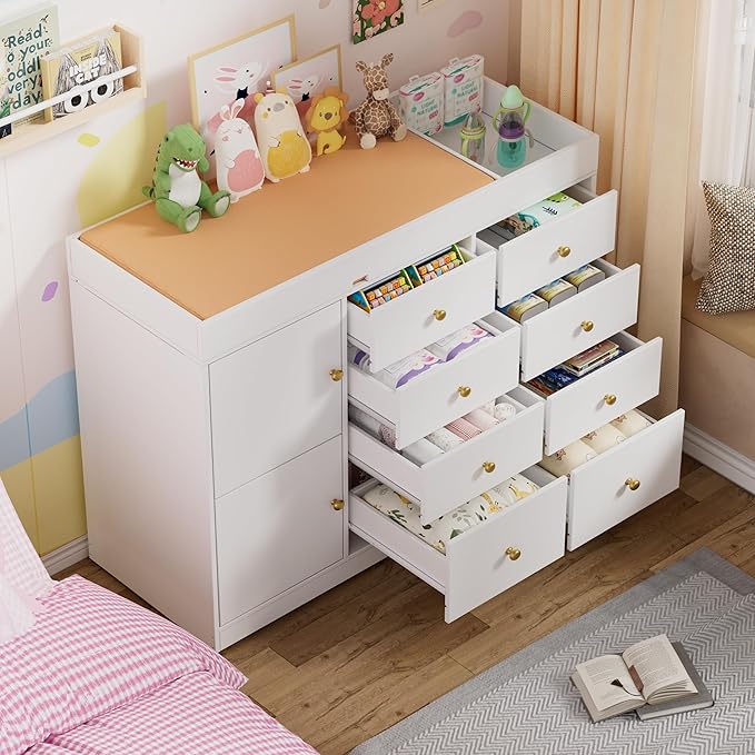 PAKASEPT Changing Table Dresser, Baby Classic Nursery Dresser with 8 Drawers and 2 Cabinet, Multi-Functional Baby Changing Table, Diaper Changing Station for Children's Room