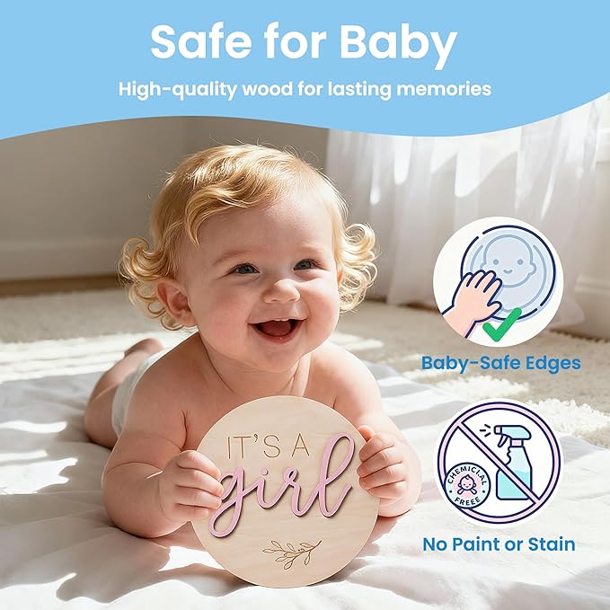 2-in-1 Gender Reveal Sign and Hello World Announcement Signs, It's a Boy or Girl Sign Newborn Announcement Set, Wooden Baby Welcome Sign for Hospital, Nursery he or she signfor Newborn Boys and Girls