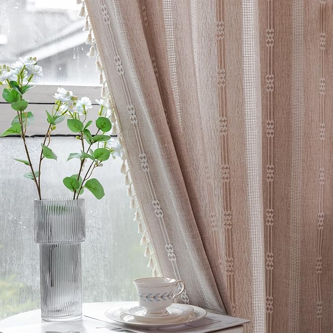 Deeprove Boho Curtains 84 Inches Long for Bedroom, Taupe Cotton Linen White Stripes Embroidery Chic Hollow Geometric, Semi Blackout Window Vintage Drape Tassels, 1 Panel W52 x L84