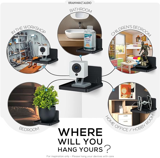 BRAINWAVZ Drill Free Wall Mount Shelf for Security Cameras, Baby Monitors, Speakers & More, Universal Holder, Strong Adheasive, Easy to Install, No Mess, Screwless (Black)
