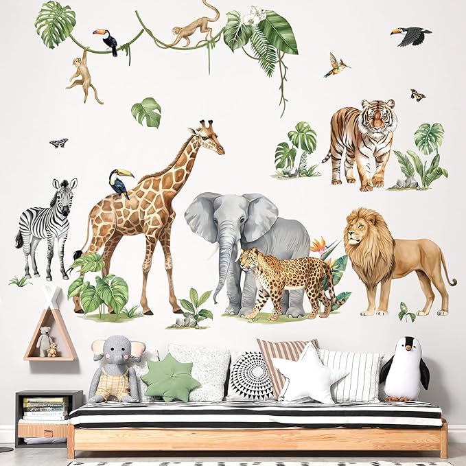 decalmile Large Animals Safari Elephant Giraffe Wall Decals Jungle Animals Lion Leopard Zebra Wall Stickers Baby Nursery Kids Room Wall Decor(XXL)