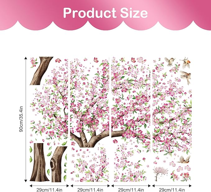 Tanlaby Large Cherry Blossom Tree Wall Decals Pink Peach Flower Tree Wall Stickers with Birds Peel and Stick Spring Wall Art Decor for Girls Kids Bedroom Nursery Living Room TV Decor