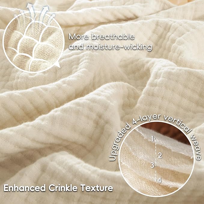 PHF 100% Cotton Muslin Throw Blanket 50" x 60", 4-Layer Lightweight Gauze Throw, Breathable Cloud-Soft Minimalist Blanket for Bed, Couch, Camping & Baby, Beige/Short Bread, Ideal Gift