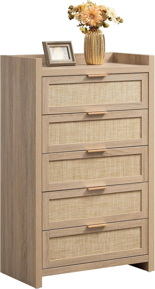 SICOTAS Dresser for Bedroom Chest of Drawers 46" Tall Dresser for Closet with 5 Rattan Drawers Boho Night Stand Large Clothes Storage Cabinet for Living Room Hallway Nursery Entryway