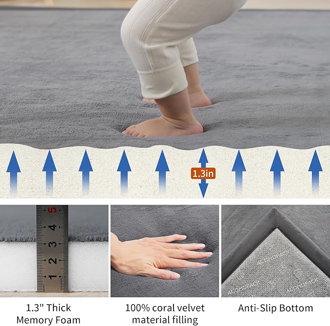 ACOMOPACK Baby Play Mat Area Rug for Living Room 1.3" Thick Memory Foam 59"×71" Dark Grey- Non-Slip Bottom for Kid, Toddler, Tummy Time Crawling Mat for Floor, Soft Velvet Nursery Rugs, Yoga