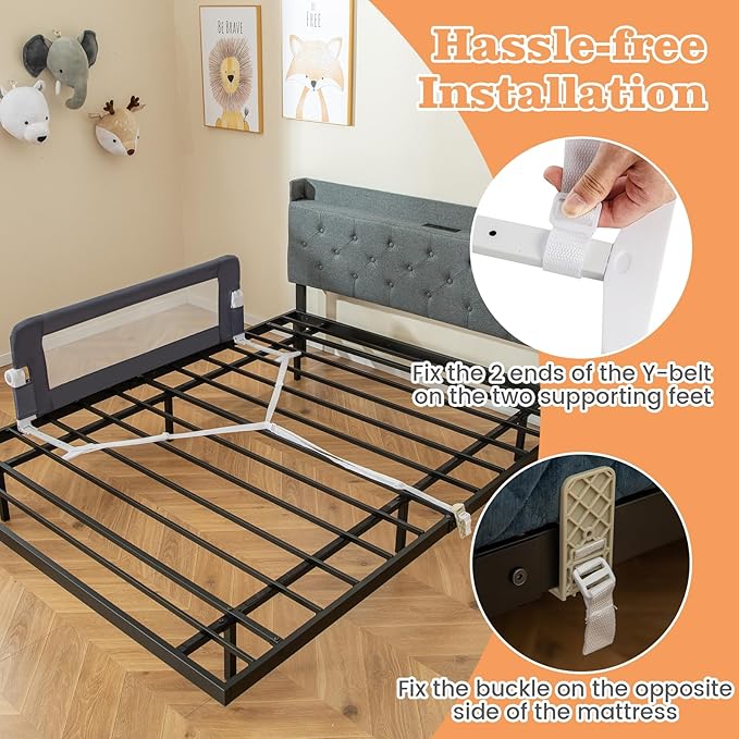 HONEY JOY Bed Rail for Toddlers, Extra Long, Foldable Portable Swing Down Safety Bed Guard Rail, Toddler Bed Rails for Crib, King Queen Full Twin Size Bed Mattress (Gray, 2 Pack, 47 Inch)
