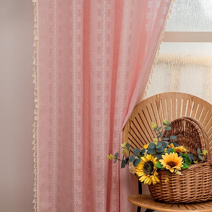 Deeprove Blush Pink Boho Curtain 96 inches Long for Living Room Bedroom, Vintage Bohemian Tassel Sheer 96 inches Puddle Length 8 FT Striped Embroidery Privacy Window Treatment W52 x L96, 1 Panel