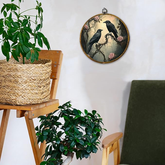 Hiuwevt Gothic Mystical Floral Two Ravens Round Wall Art Decor, Spooky Forest Black Crow Hanging Canvas Prints Artwork Framed, Dark Academia Goth Circular Wall Decor for Home Room, 10x10 Inch