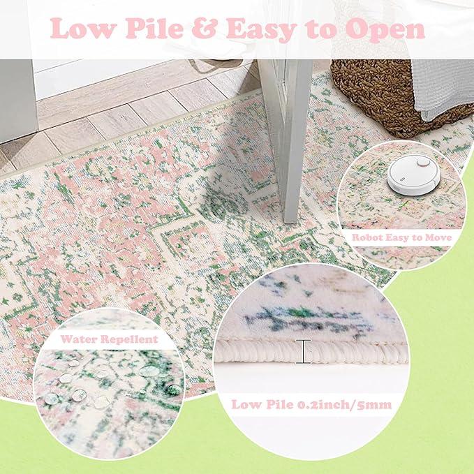 2x6 Ft Washable Kitchen Runner Rug Pink and Green Entryway Runner Vintage Non-Slip Faux Wool Low-Pile Floor Carpet Runners for Hallways Bedroom Bathroom Laundry Room