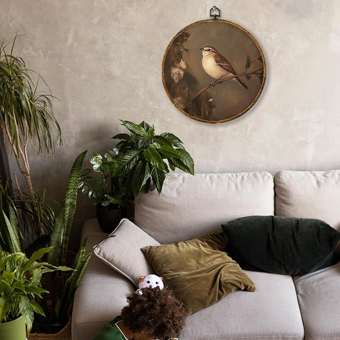 Hiuwevt Vintage Moody Bird Round Wall Art Decor, Dark Cottagecore Bird Framed Canvas Prints, Rustic Birding on Branch Round Wall Hanging Decor for Home Bedroom Living Room Decorations, 10x10 Inches